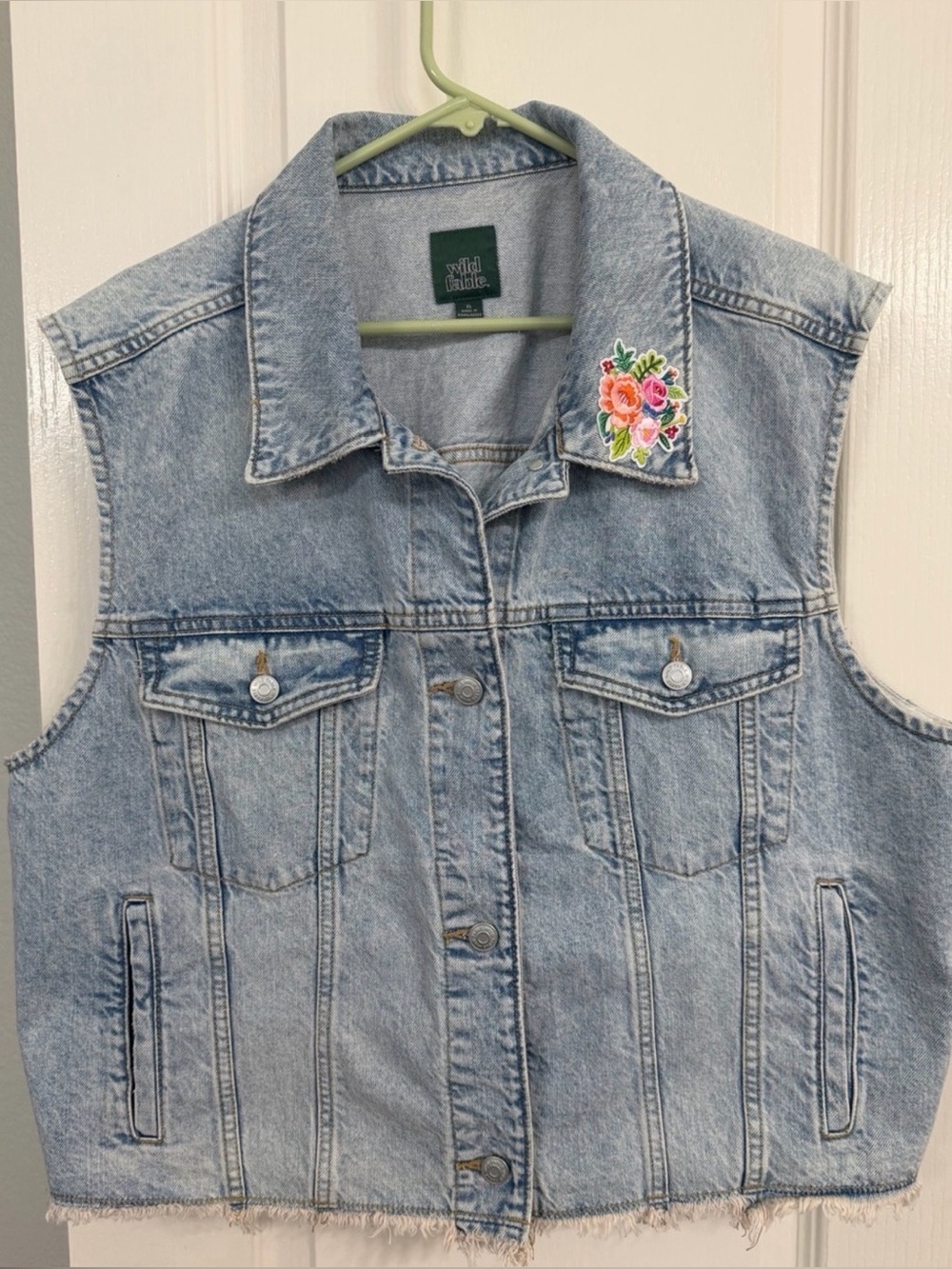 Wild Fable Light Blue Denim Jacket with Floral Embroidered Collar Patch